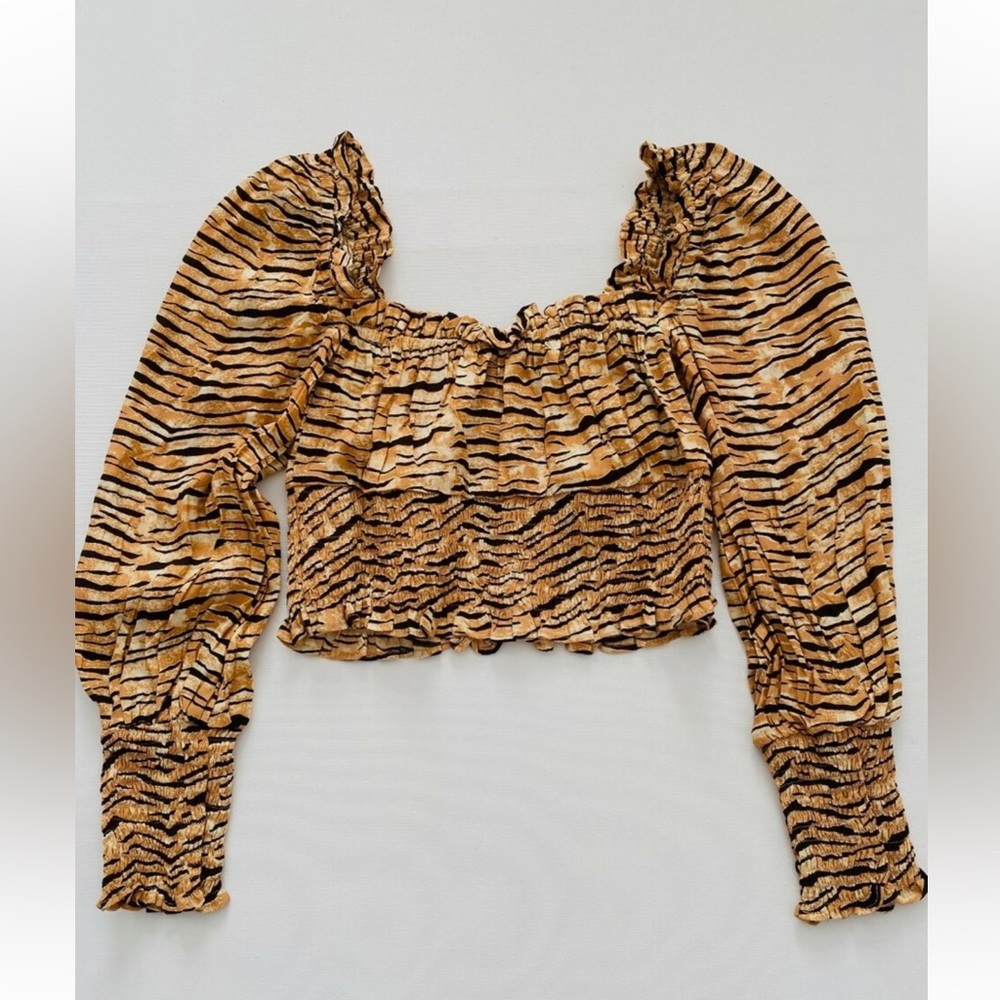 Faithfull the Brand Zebra Stripe Smocked Ruffle Long Sleeve Blouse XS